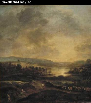 Aert van der Neer Hilly landscape at sunset.